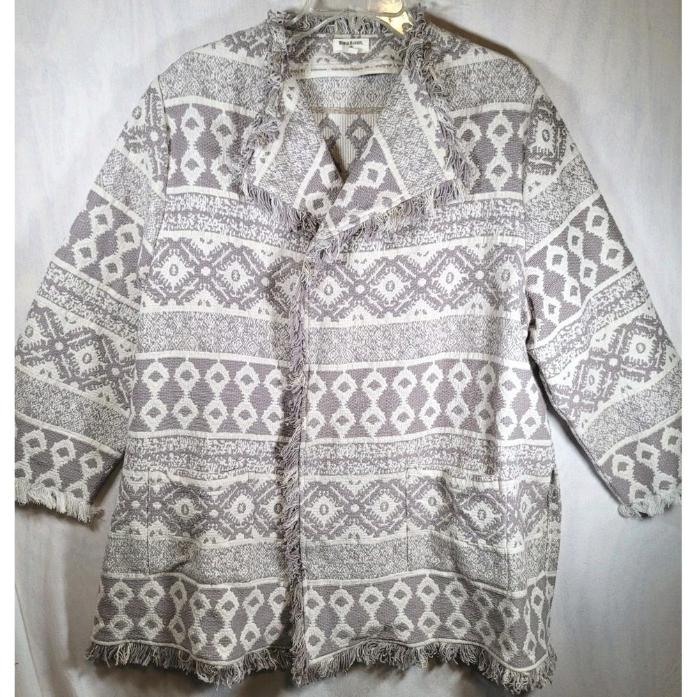 World‎ Market Tapestry Cardigan Sweater Womens Size L/XL Tan Aztec Print Cotton